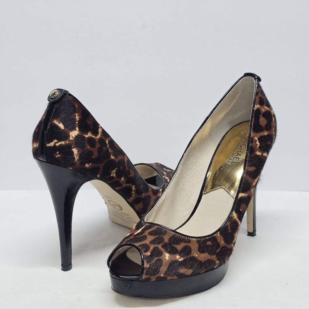 MICHAEL KORS Open Toe Platform Pumps Leopard Cheetah Calf Hair Heels Women's 10